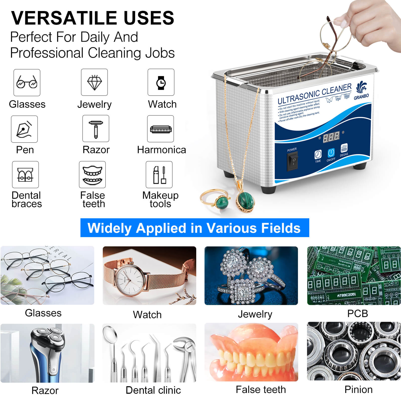 Jewelry/ Glasses/ Tooth/ Spare Parts/ Home Portable Intelligent Ultrasonic Cleaner
