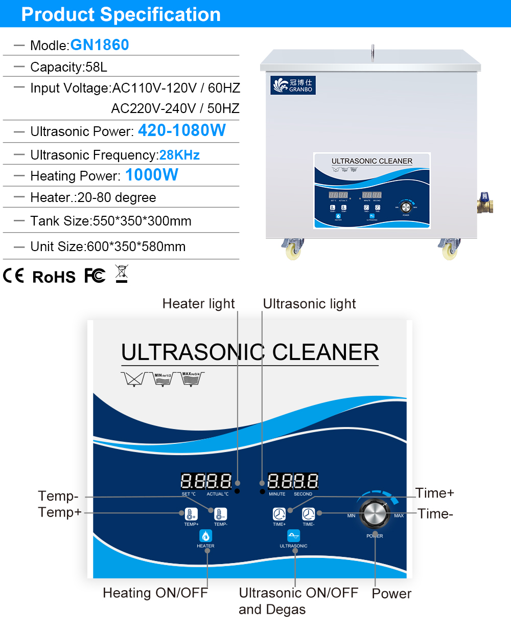 58L Ultrasonic Cleaner Industrial Machine Car Lab Engine Instrument Metal Material Oil Rust Carbon Degrease Removal