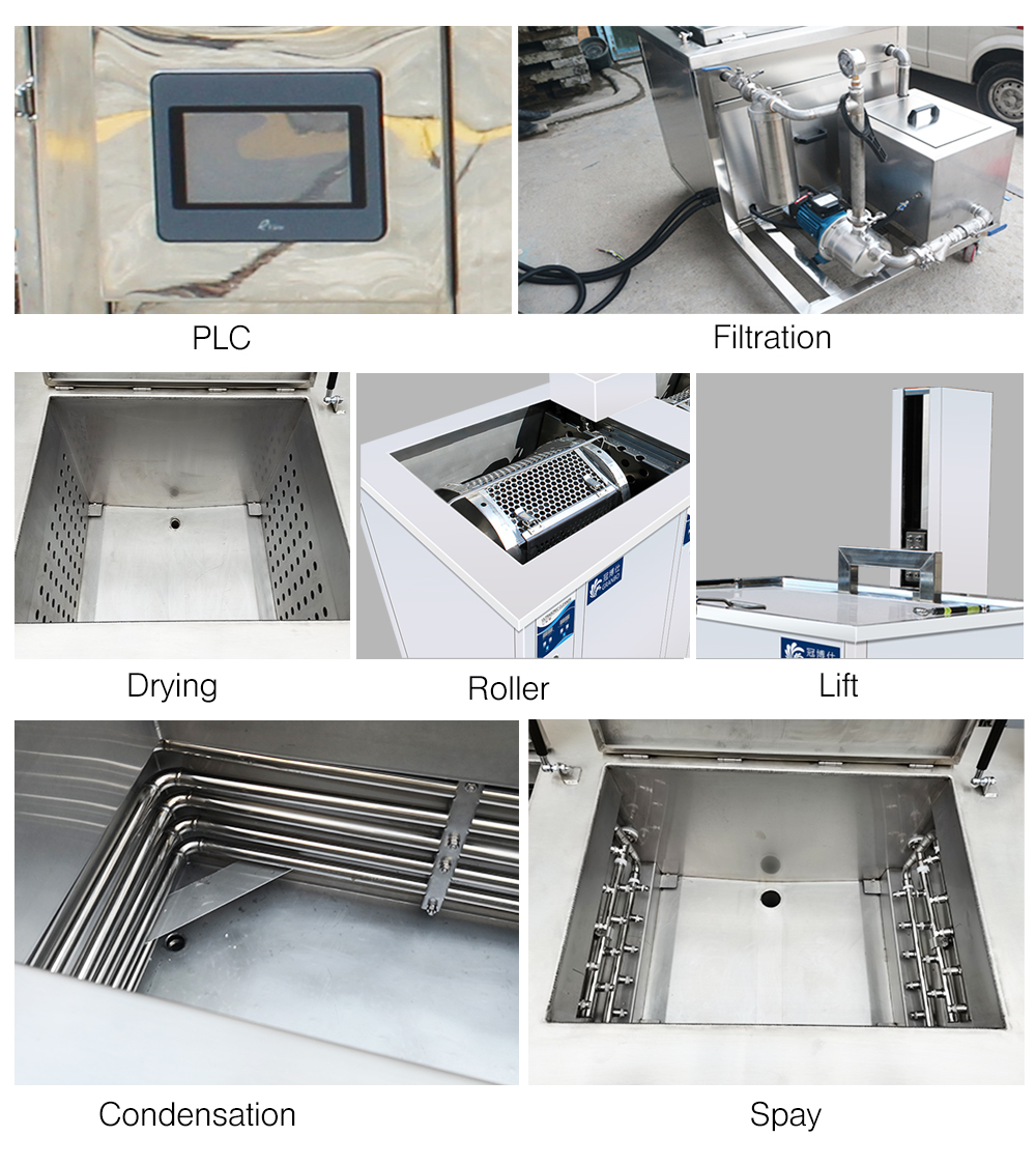 Three tanks industrial ultrasonic cleaner for electronic components gear tools cleaning oil and rust, with rinse tank drying tray