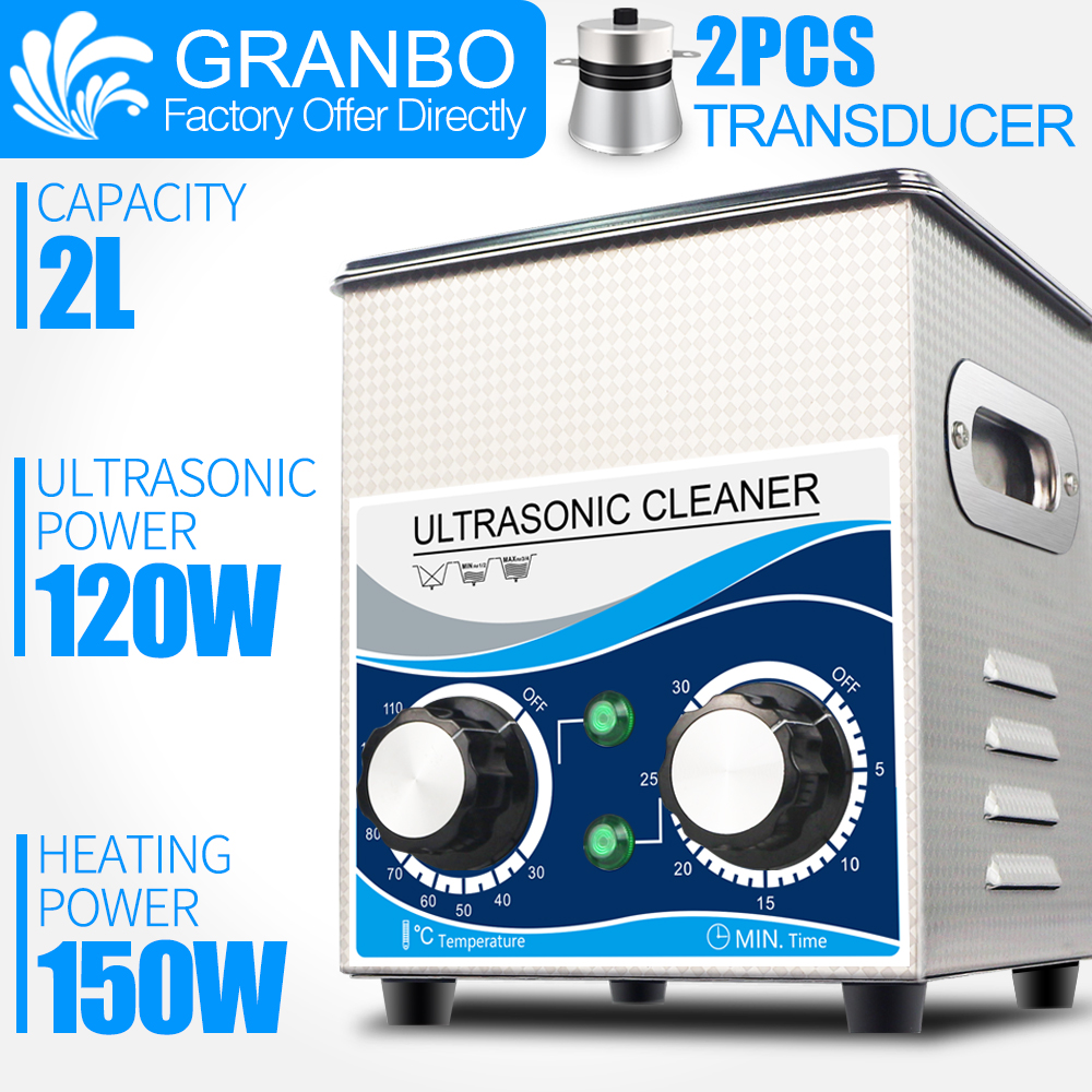 Granbo Portable Ultrasonic Jewelry Cleaner 2L 120W Bath With Heater Timer for Glasses Dental Nozzle Phone Mother Board Wash