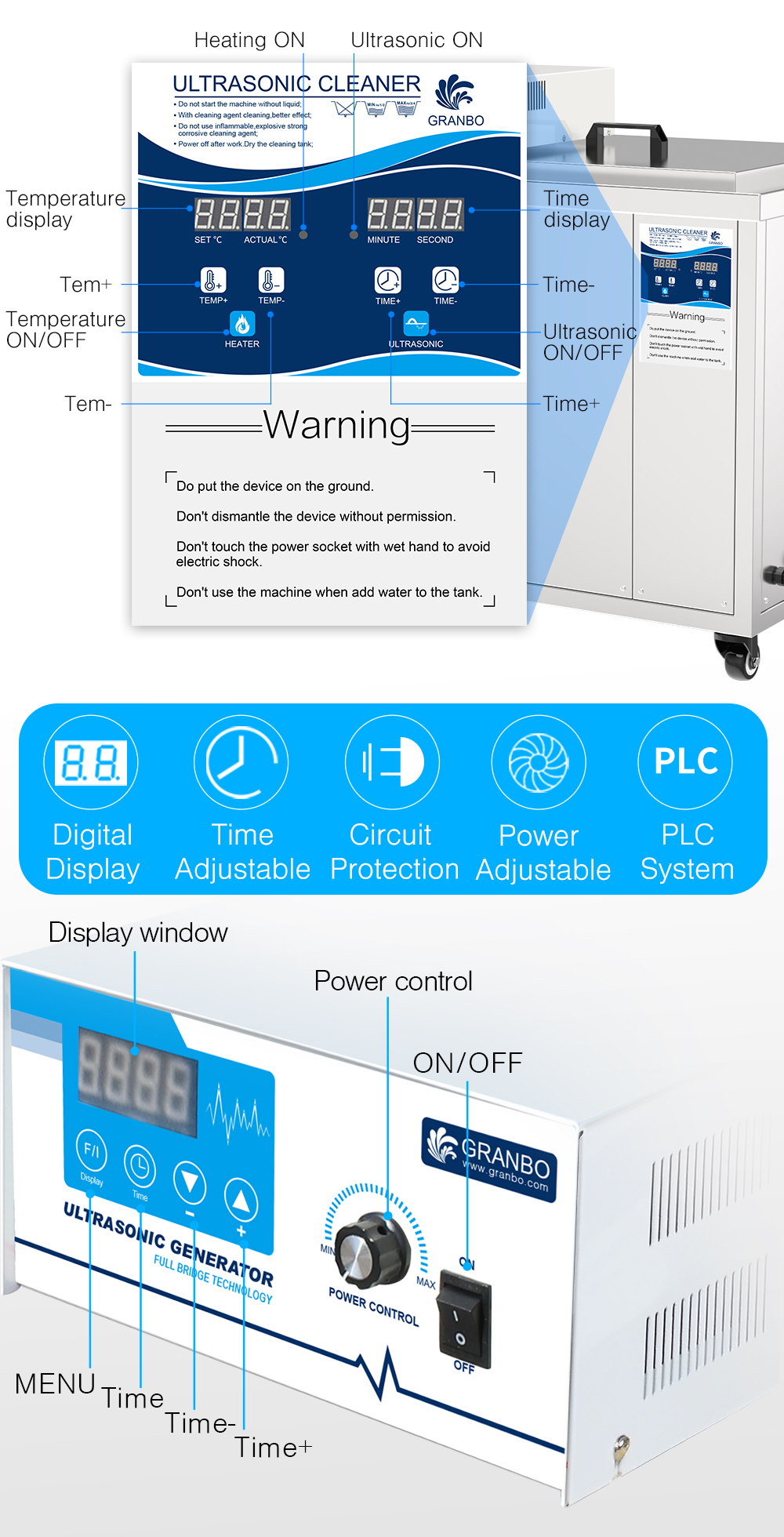 24 Hours Long Working Industrial Ultrasonic Cleaner Single Tank 108L