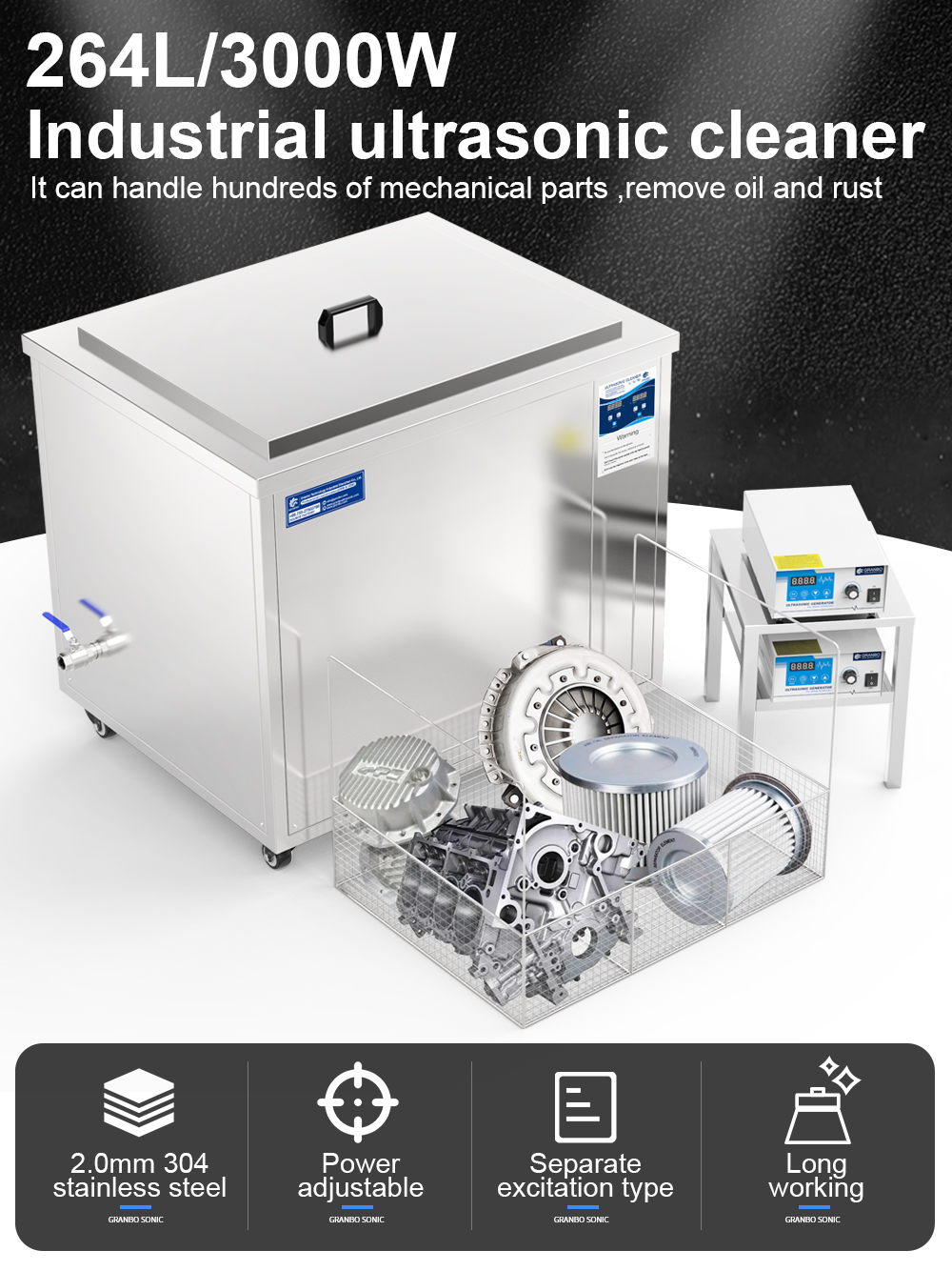264L Industrial Single-tank Ultrasonic Cleaner with Basket Drain Valve to Clean Large Items