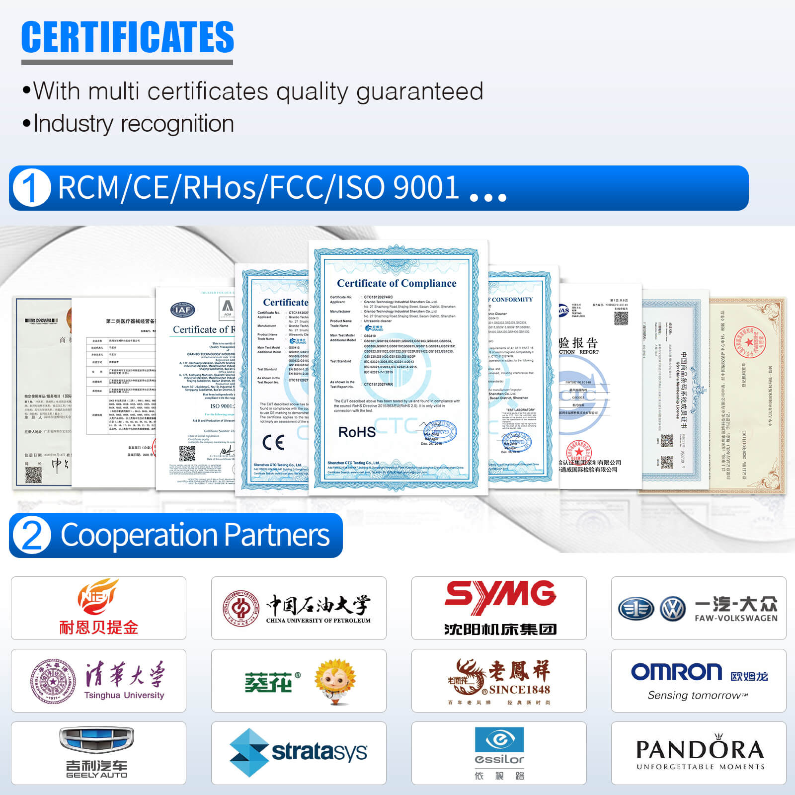 The Image Showcases Various Certifications, Including RCM, CE, RHos, FCC, And ISO 9001, Along With Notable Cooperation Partners.