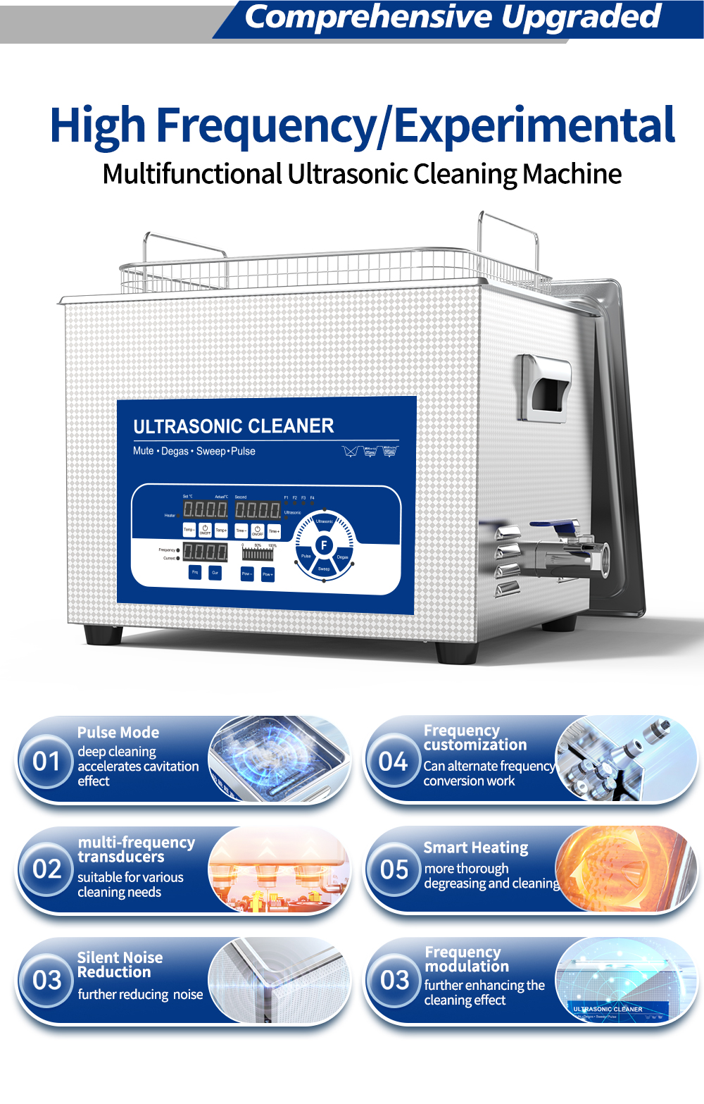 Granbo GL Series Ultrasonic Cleaner: Multifunctional, with degassing, pulsing, and sweeping frequency. Low-noise and high-quality performance