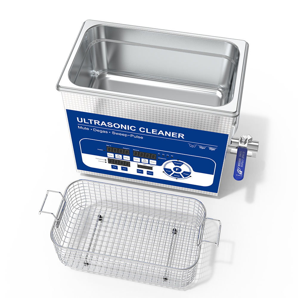 The Image Shows A Professional Ultrasonic Cleaner With A Metal Tank, Control Panel, And A Wire Basket For Items.