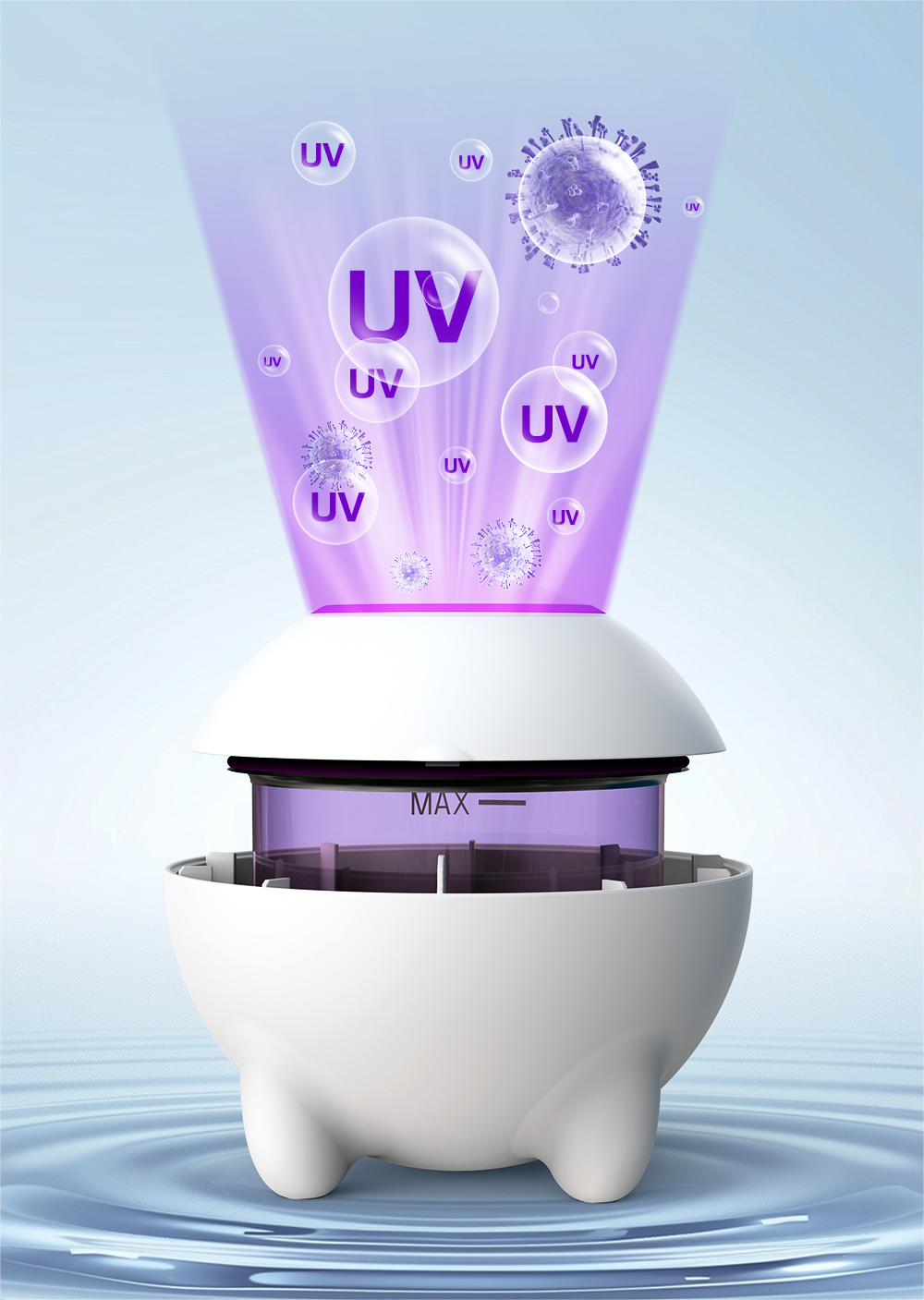 This Image Demonstrates A Uv Sterilizer, Showing The Uv Rays Targeting Harmful Microbes And Bacteria For Cleaning And Disinfecting.