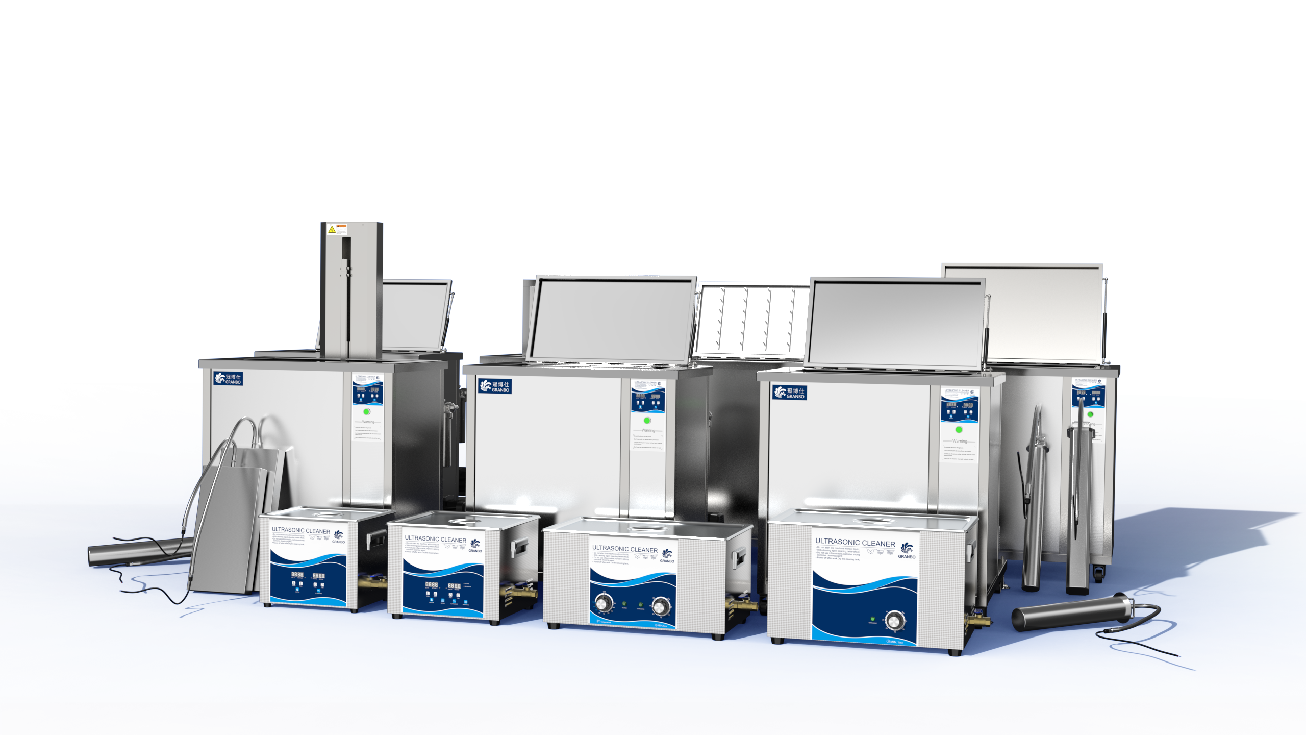 The Image Displays Various Models Of Ultrasonic Cleaners, Including Large Industrial Units And Portable Versions, Ready For Use.