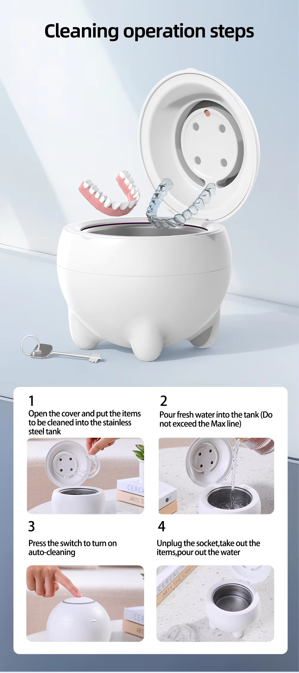 UV Ultrasonic Cleaner – 360° Deep Cleaning for Dentures, Jewelry & Household Use, with UV Light & 48kHz Frequency, 3 Modes